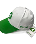 Adjustable Golf Hat for Men and Women, Performance Polyester Cap with Breathable Comfort, green brim and logo on white cap