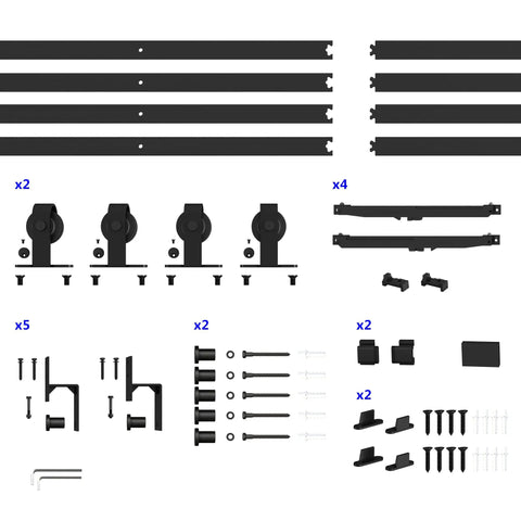 Premium Clear Tempered Glass Bypass Barn Doors 144 By 96 Inches hardware kit components including tracks and rollers.