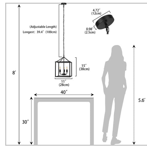 Diagram showing dimensions of Dope Three Light Industrial Farmhouse Chandelier In Matte Black With Square Cage Pendant