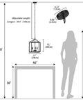 Diagram showing dimensions of Black Farmhouse Pendant Light Lantern Cage Chandelier For Industrial Kitchen Foyer Dining Room And Island Three Light E12 Fixture Vintage Style 15x11 Inches With Classic Lantern Look And Cozy Dope Glow.