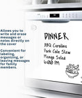 Glossy White Magnetic Dishwasher Cover Front Panel For A Fresh Kitchen Makeover With Reusable Dry Erase Surface Perfect For To Do Lists Groceries And Messages 23.5 By 26 Inches Appliance Wrap Skin showing written notes on erase surface