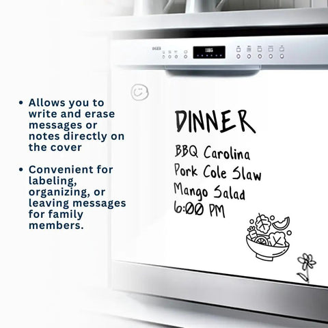 Glossy White Magnetic Dishwasher Cover Front Panel For A Fresh Kitchen Makeover With Reusable Dry Erase Surface Perfect For To Do Lists Groceries And Messages 23.5 By 26 Inches Appliance Wrap Skin showing written notes on erase surface