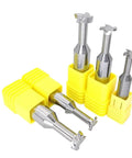 Four tungsten steel T-slot milling cutters with yellow plastic holders for hard aluminum, copper and wood machining.
