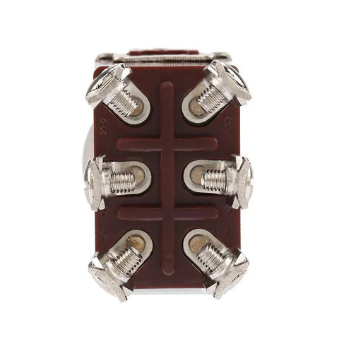 Heavy Duty 12Mm Panel Mount Toggle Switch with On Off On Circuit and Six Pin Connectors, showcasing six terminal design.