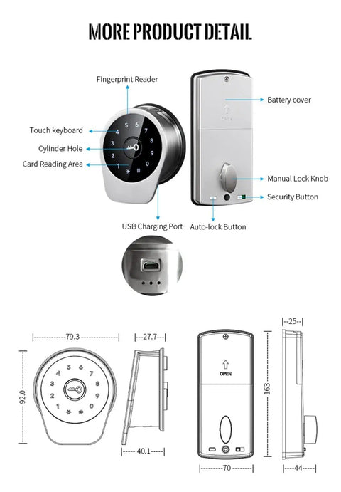 Hella Secure Smart Entry Door Lock Featuring Slick Fingerprint Reader with touch keyboard and USB port for easy access.