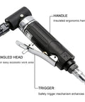 Right Angle Pneumatic Die Grinder 25000 RPM Air Powered Tool Featuring 1/4 And 1/8 Collets, angled head and ergonomic handle for tight spaces.
