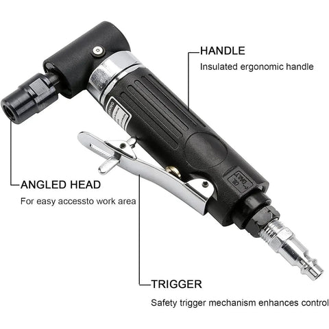 Right Angle Pneumatic Die Grinder 25000 RPM Air Powered Tool Featuring 1/4 And 1/8 Collets, angled head and ergonomic handle for tight spaces.