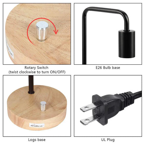 Industrial Desk Lamp With Vintage Edison Style Dope Look features rotary switch, E26 bulb base, wood log base, UL plug.
