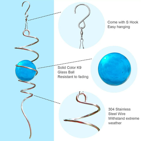 Spinning Gazing Ball With Spiral Tail 11 Inch Tail And 2 Inch Blue Glass Orb Wind Spinner Stabilizer With Swivel Hook Sun Catcher Rainbow Maker For Garden Or Indoor Outdoor Decor 13 Inch Height, blue glass orb with stainless steel spiral and S hook