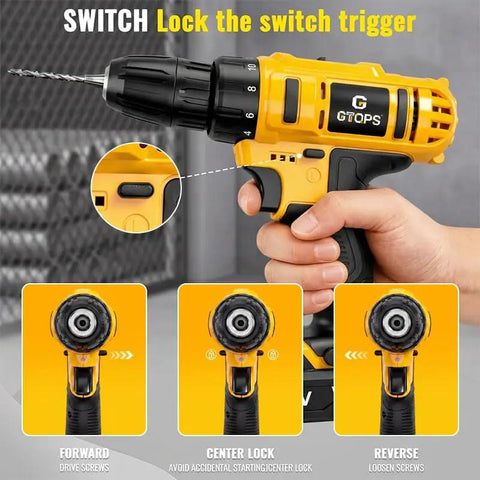 20V Cordless Drill And Screwdriver Combo Kit With Battery Charger showing trigger and torque settings for ease of use.