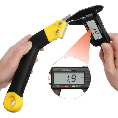 Hand holding Grout Removal Tool Kit With Angled Saw Blade And 3 Extra Replacement Blades, measuring blade thickness with caliper.