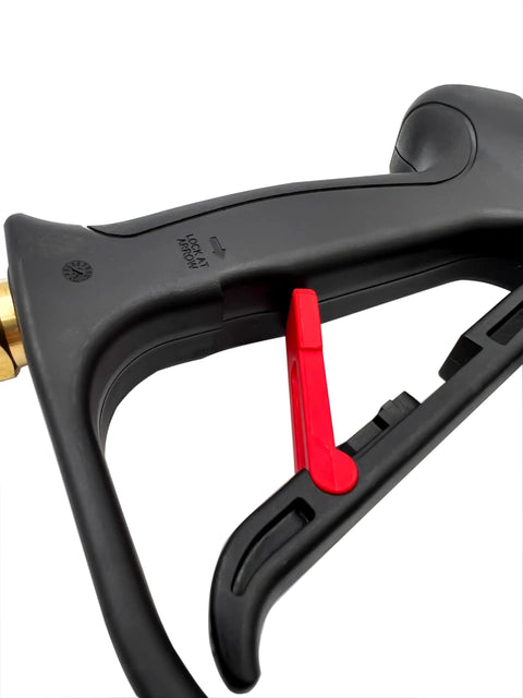 Close-up of Pro Grade Trigger Gun For Pressure Washing With Formed Hand Grip And Safety Lock, Handles Up To 4500 PSI, black design