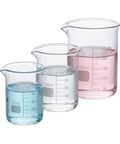 Three Piece Borosilicate Glass Beaker Set With 50ml 100ml And 250ml Graduated Glassware For Science Experiments Chemistry DIY Skincare Perfume And Candle Making Great For Lab Nerds And DIYers, showing three clear beakers with colored liquid