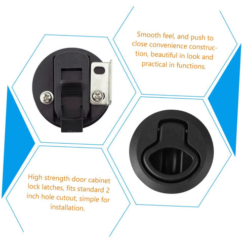 Round black plastic flush pull slam latch for boats and RVs; front and side views.