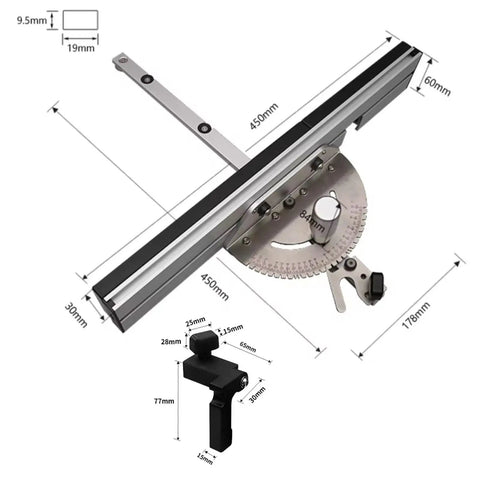 Real Deal Adjustable Miter Gauge For Table Saw With Easy No Sweat Angle Adjustments And Hella Solid Aluminum Guide Knob, dimensions displayed.
