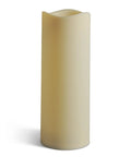 Indoor Outdoor Flameless LED Candle With Water Resistant Wax Like Finish No Fuss 4 Point 5 By 12 Inch Brown Wavy Edge Design 5 Hour Timer Soft Glow Flicker Real Wax Feel Weather Resistant Resin Candle standing upright.