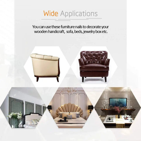 Premium Antique Bronze Upholstery Tacks 200 Piece Assortment Kit shown on various furniture and decor applications.