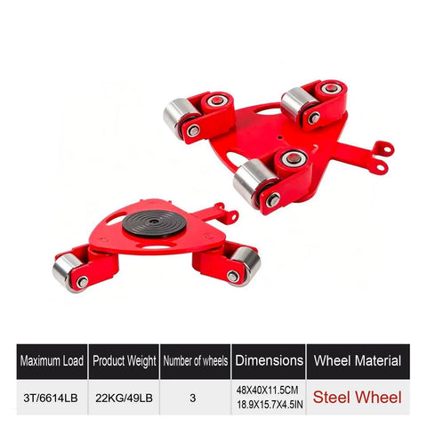 Industrial Heavy Duty Furniture Movers With Reinforced Steel Base And Dual Switchable Casters For Smooth 360 Degree Swivel Rolling, red design with steel wheels.