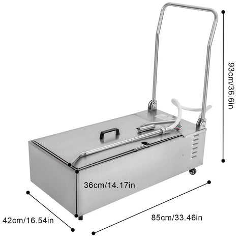 Heavy Duty Stainless Steel Oil Filter Machine With Foldable Design And Casters For Easy Mobility In Restaurant Or Home Kitchen Efficient Grease Extraction System side view with dimensions displayed