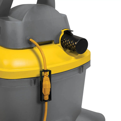 Heavy Duty Contractor Wet Dry Vacuum 12 Gallon 6 Peak HP With Pull Handle showing cord detail and yellow top on gray body
