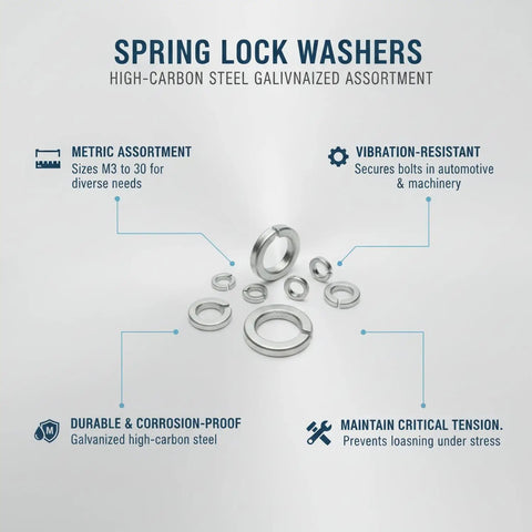 All Purpose Galvanized Spring Lock Washer Set M3 Through M30 for Machinery displayed with features and benefits