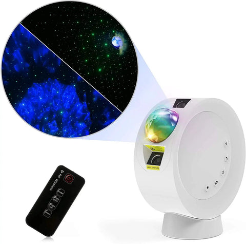 Galaxy Projector Night Light With Remote, Nine Lighting Modes, 4000mAh Battery, showcasing nebula and star patterns projection.