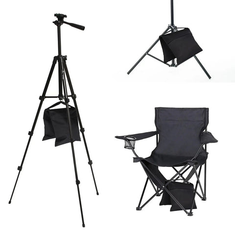 Two Pack Heavy Duty Sand Bags for Tripods, Umbrella Bases, and Photo Gear, Black Weight Bags with Aluminum Clips attached to tripod and chair