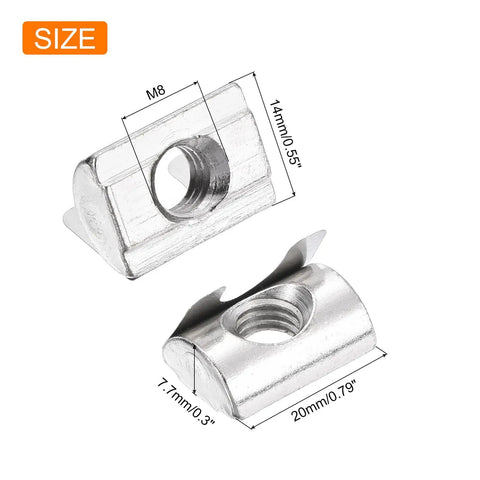 Built Different M8 Roll In Spring T Nuts For 4040 Aluminum Extrusion Frames, steel mounting hardware details with dimensions.