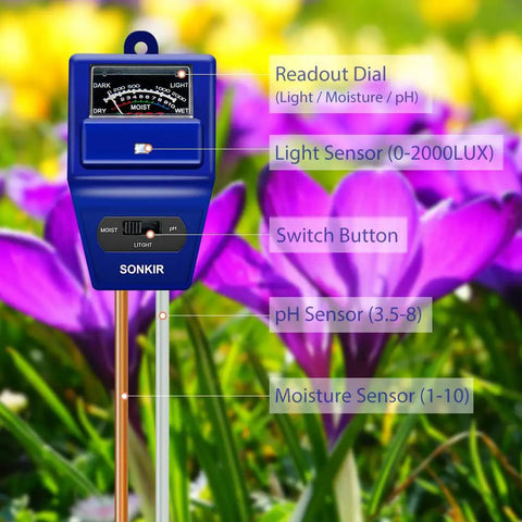 3 In 1 Soil Moisture Light And PH Tester For Garden And Lawn Easy No Fuss Plant Care Tool with sensors and dial in flower bed