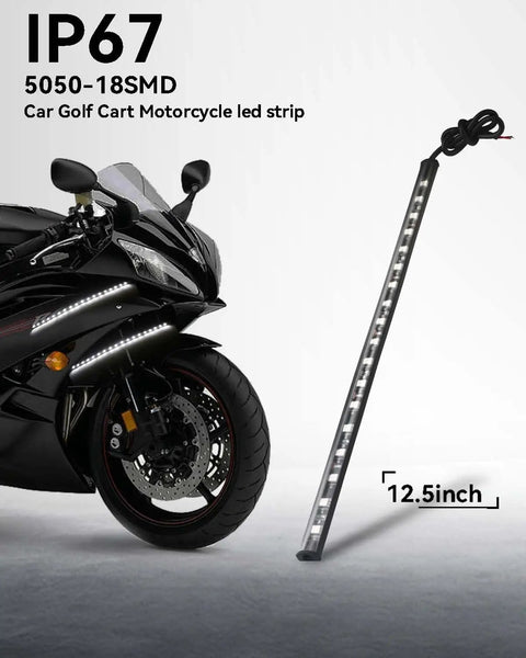12V Waterproof White LED Light Strip Kit for Cars, Motorcycles, Golf Carts and Boats, 32cm 5050 18SMD, shown on motorcycle.