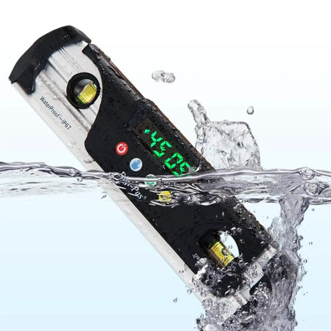 Waterproof IP67 Digital Torpedo Level With Protractor Magnetic Back LED Bright Display 9 Inch submerged in water showing durability.