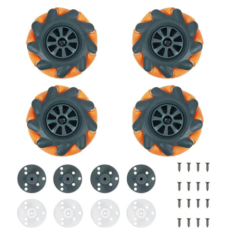 Set of four 65mm high-hardness plastic Mecanum wheels with gray centers and orange rims, plus mounting discs and screws.