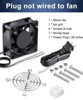 60X25MM EC AC Axial Brushless Cooling Fan 110V 120V with wiring head, power plug, fan grill, and mounting hardware.