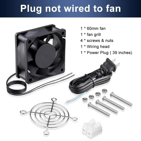 60X25MM EC AC Axial Brushless Cooling Fan 110V 120V with wiring head, power plug, fan grill, and mounting hardware.