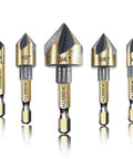 DKBITH 5pc gold-colored countersink drill bit set with 1/4 in hex shanks; sizes 1/4, 3/8, 1/2, 5/8, 3/4 in