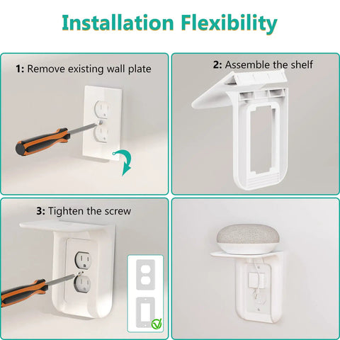 Installation steps for Outlet Shelf Wall Holder 2 Pack For Duplex Outlets Space Saving Bath And Kitchen Organizer No Fuss Install.