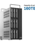Thunderbolt Three Workhorse Eight Bay Hardware Raid Enclosure Built As A Plug And Play Game Changer For Creators Wanting Smooth Video Sync and Rock Solid Data Backup Without Drives Attached Yet, showing capacity of up to 160TB.