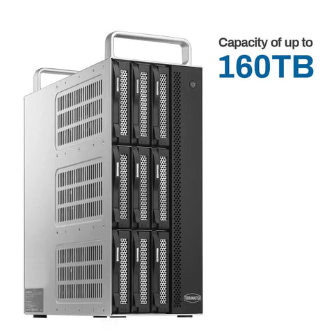 Thunderbolt Three Workhorse Eight Bay Hardware Raid Enclosure Built As A Plug And Play Game Changer For Creators Wanting Smooth Video Sync and Rock Solid Data Backup Without Drives Attached Yet, showing capacity of up to 160TB.