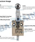 Structure diagram of waterproof SPDT micro switch with side roller plunger and IP67 housing, detailing internal components and materials.