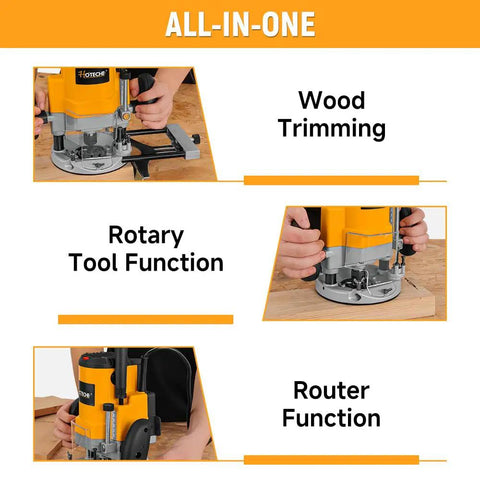 Beefy 2400W Wood Router for Heavy Duty Woodworking With Fixed Base, showcasing wood trimming and rotary tool functions.