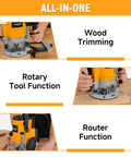 Image showing compact palm router with 4.8 Amp 580W power in action for wood trimming, rotary tool, and router functions.