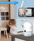 Seriously Solid No Wifi Baby Monitor Camera And Audio With Super Crisp Five Inch Screen, Smooth Pan And Tilt Control, Crystal Clear Two Way Talk, Totally Hassle Free Setup, Plus All Day Battery Power showing a child near a wall with artwork.