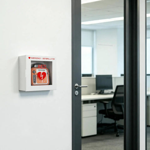 Top Shelf Steel AED Wall Mount Cabinet With Clear Front Panel For Immediate Automated External Defibrillator Access, mounted in an office.