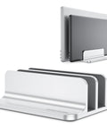 Dual Dock Vertical Laptop Stand With Aluminum Desktop Frame, Adjustable Width, supports two laptops up to 17.3 inch