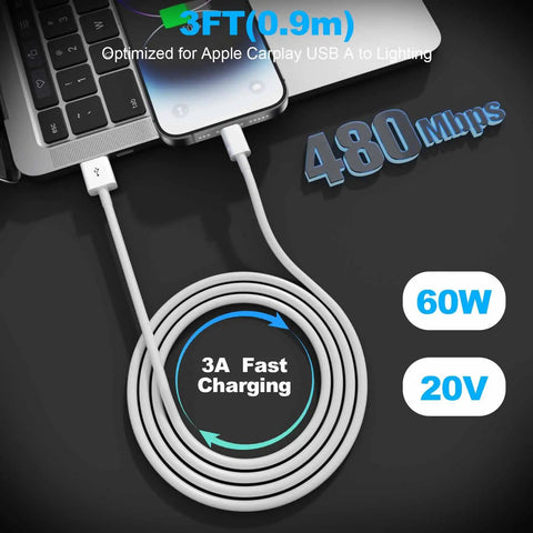 USB A To Lightning CarPlay Cable For iPhone 14 13 12 11 Pro Max XR XS X Three Foot Fast Charging And Stable Sync Car Charger Cord