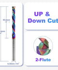 Pro Grade One Quarter Inch Shank Compression Router Bit Extra Long Four Inch Overall Length Two Inch Cutting Length DLC Coated Up Down Cut Solid Carbide CNC End Mill For Wood MDF Acrylic PVC Woodworking with dimensions and 2-flute up-down cut design.