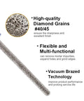 Close-up of Pro Grade Diamond Mortar Raking Bit 5/16 Inch by 4 Inch with grit 40/45, highlighting diamond grains and vacuum brazed technology.