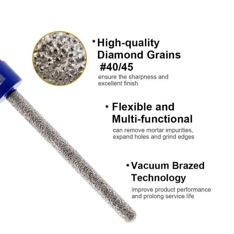 Close-up of Pro Grade Diamond Mortar Raking Bit 5/16 Inch by 4 Inch with grit 40/45, highlighting diamond grains and vacuum brazed technology.