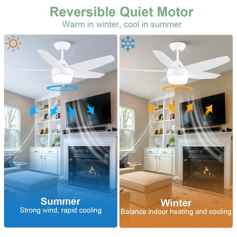 White 40 Inch Ceiling Fan With Lights And Remote Modern 5 Blade Design Quiet Noiseless Reversible Motor in summer and winter settings