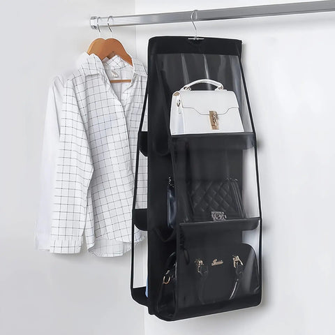 Clear 6 Pocket Hanging Handbag Organizer Over The Door Storage Shelf for Closet Wardrobe Set of 2 with visible purses inside